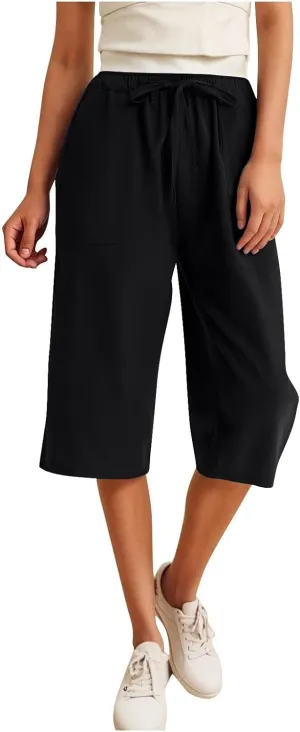 Capris Pants for Women Loose Casual High Waist Wide Leg Linen Pants Pull On Summer Vacation Beach Pant with Pockets