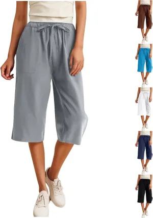 Capris Pants for Women Loose Casual High Waist Wide Leg Linen Pants Pull On Summer Vacation Beach Pant with Pockets