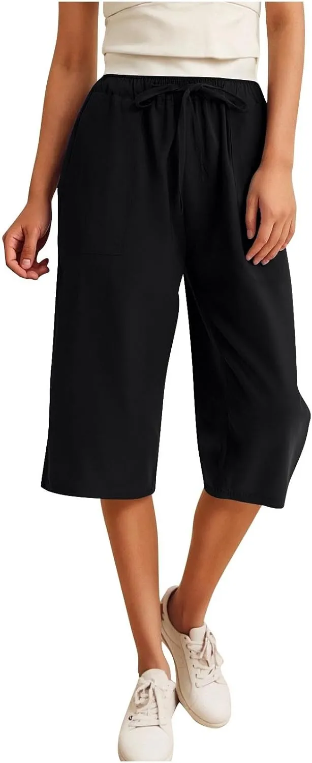 Capris Pants for Women Loose Casual High Waist Wide Leg Linen Pants Pull On Summer Vacation Beach Pant with Pockets