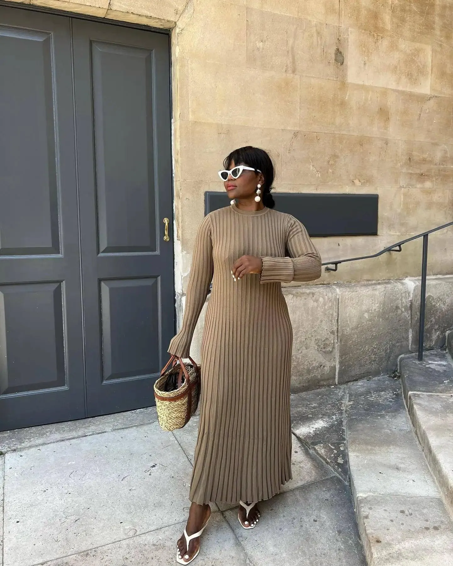 Casual V-neck Women Knitted Maxi Dress