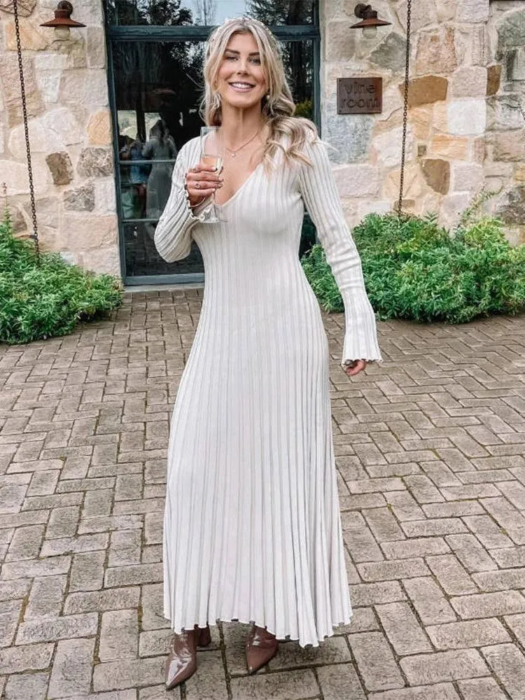 Casual V-neck Women Knitted Maxi Dress