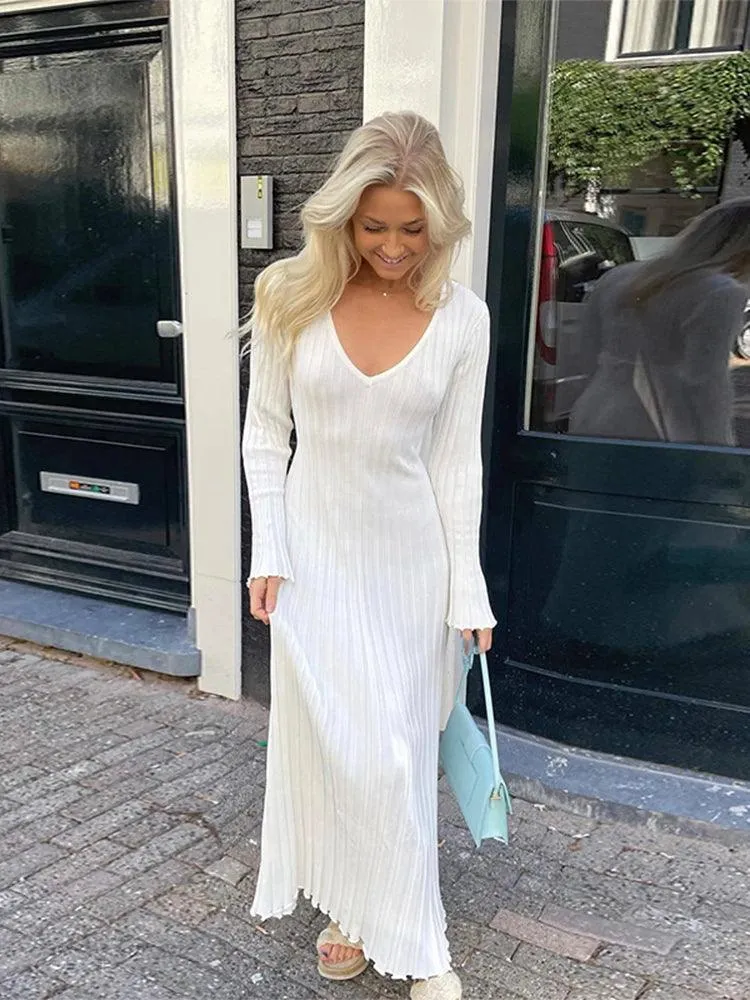Casual V-neck Women Knitted Maxi Dress