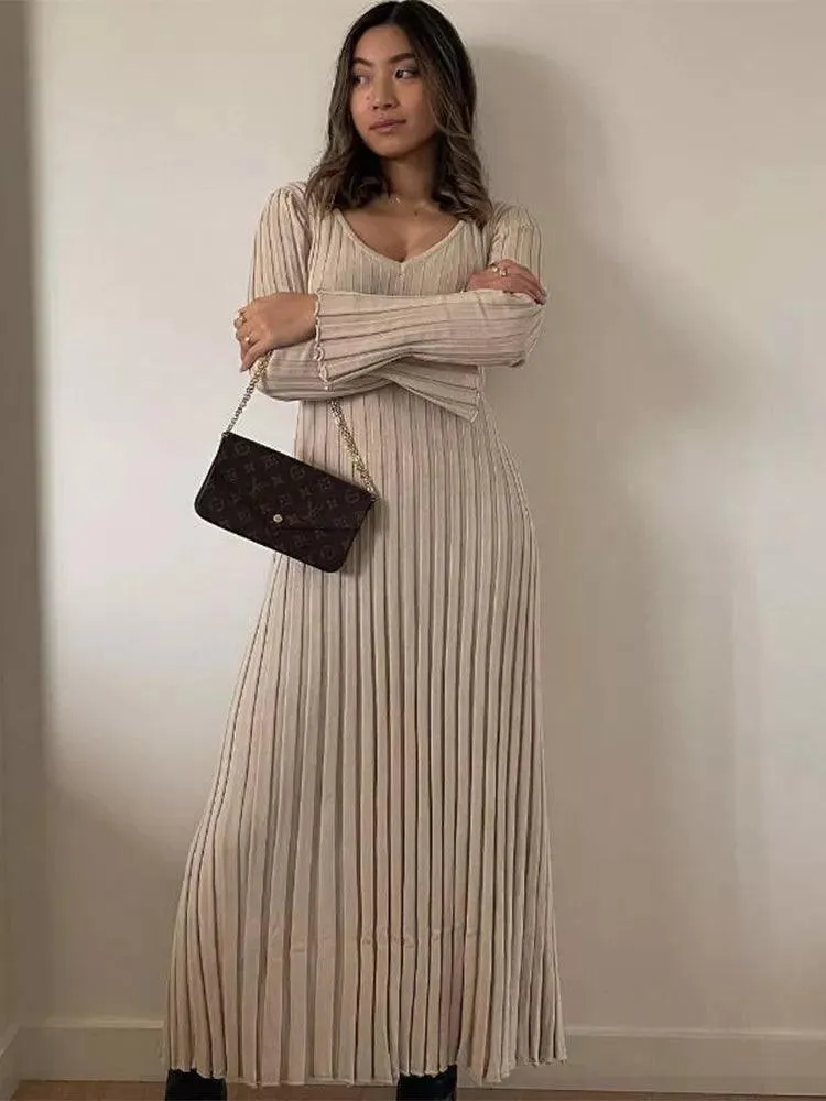 Casual V-neck Women Knitted Maxi Dress
