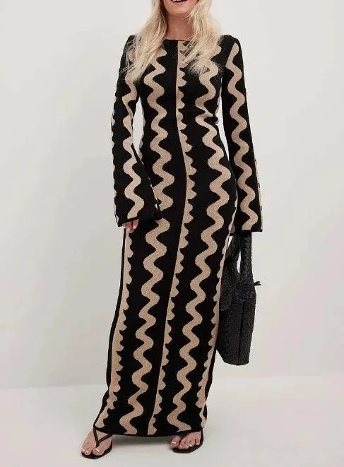 Casual V-neck Women Knitted Maxi Dress