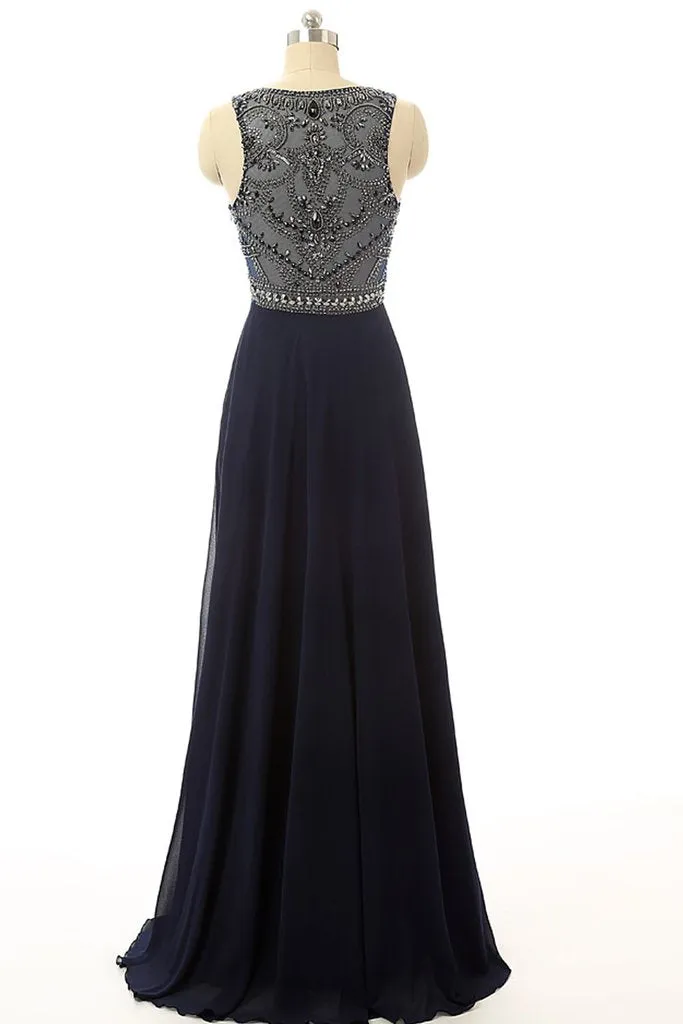 Cheap Prom Dress Navy Blue Beaded Long Graduation Dresses PFP1319