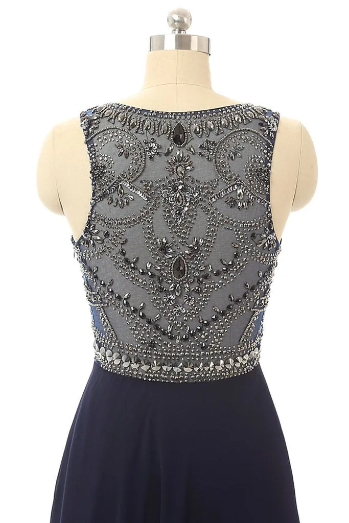 Cheap Prom Dress Navy Blue Beaded Long Graduation Dresses PFP1319