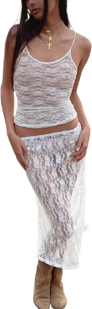 Chic Women 2 Piece Long Skirt Sets Sexy Floral Crop Cami Top Low Waist Bodycon Ruffle Maxi Skirt Summer Beachwear