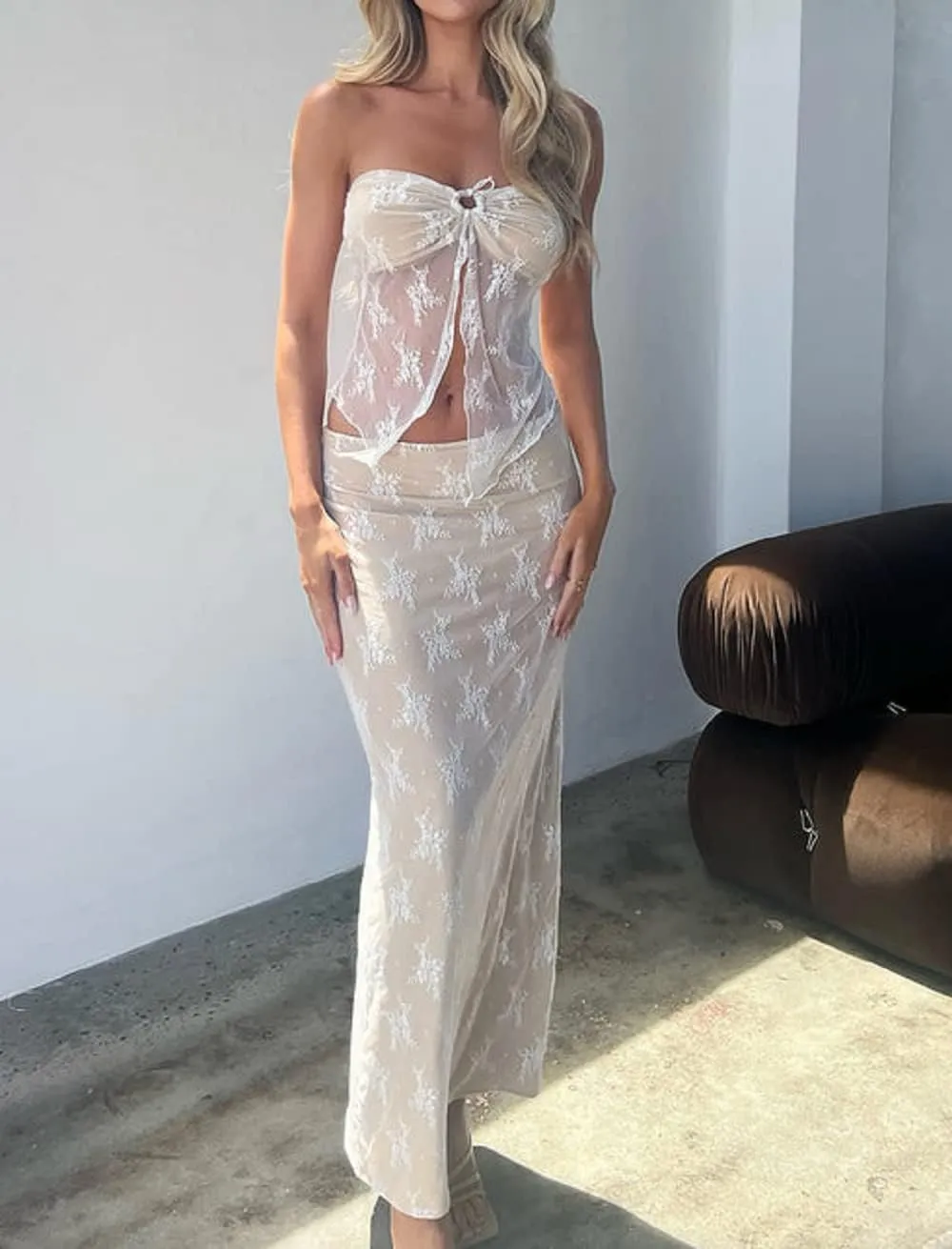 Chic Women 2 Piece Long Skirt Sets Sexy Floral Crop Cami Top Low Waist Bodycon Ruffle Maxi Skirt Summer Beachwear