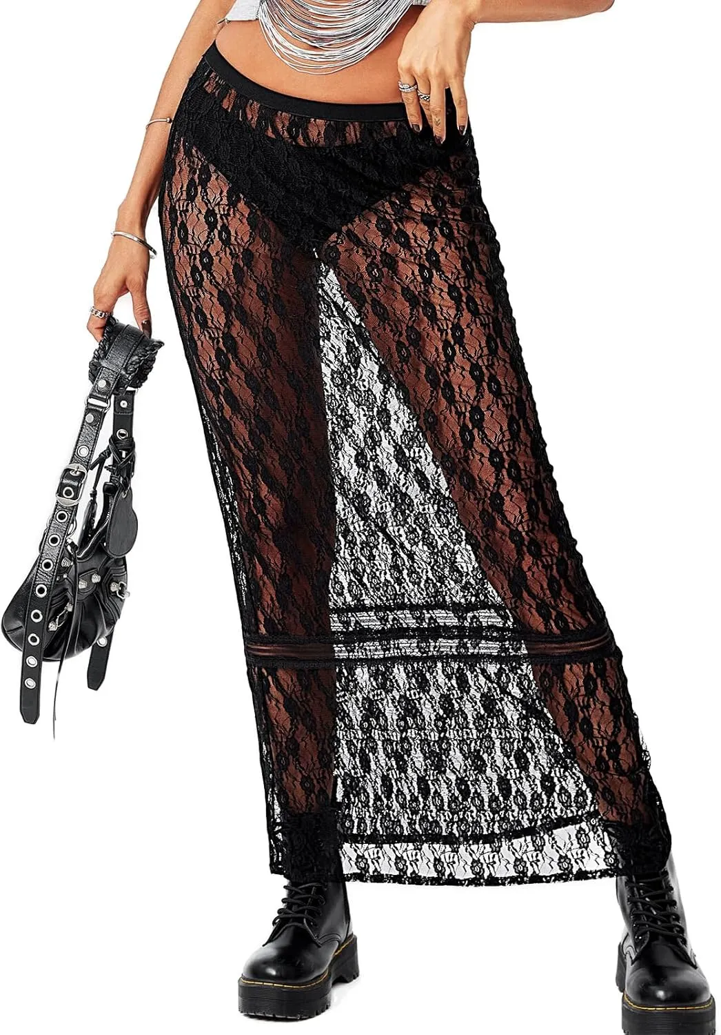 Cicy Bell Womens Sheer Lace Maxi Skirt Summer Beach Cover-ups Casual Streetwear Long Y2K Skirts