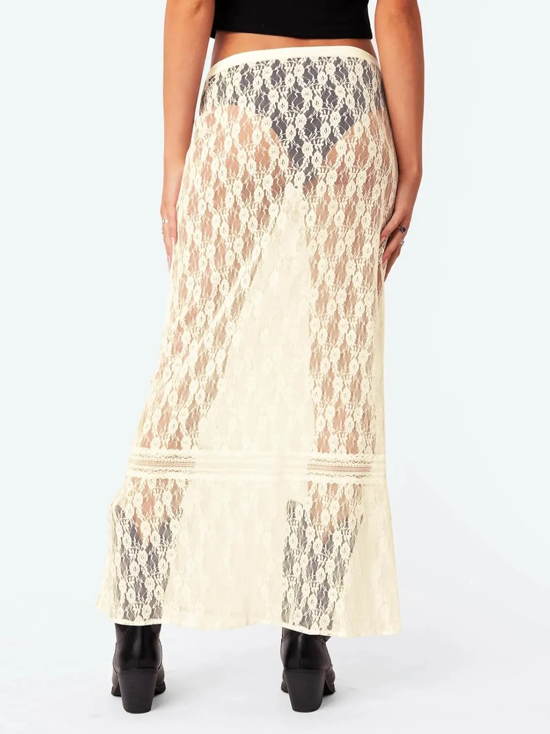 Cicy Bell Womens Sheer Lace Maxi Skirt Summer Beach Cover-ups Casual Streetwear Long Y2K Skirts