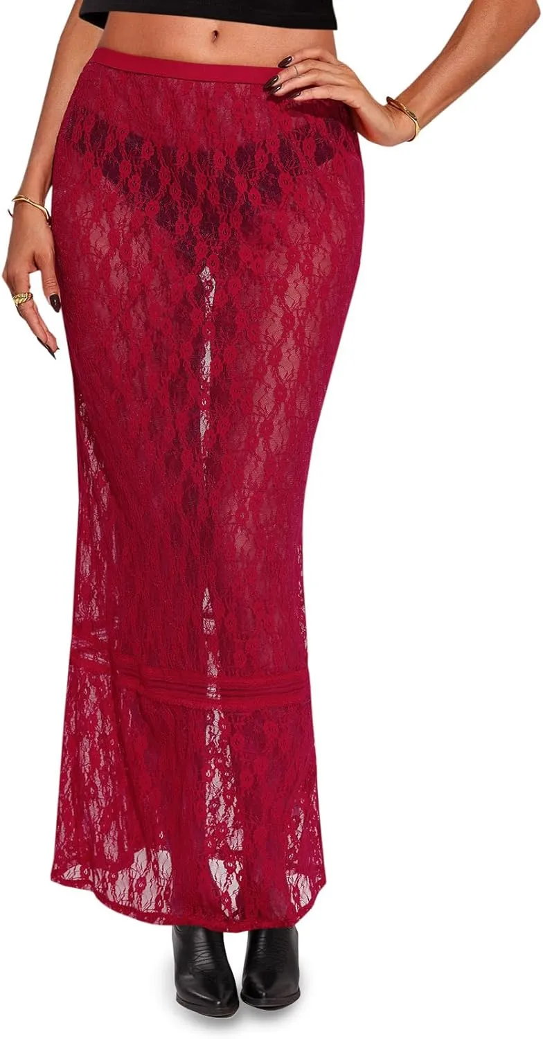 Cicy Bell Womens Sheer Lace Maxi Skirt Summer Beach Cover-ups Casual Streetwear Long Y2K Skirts
