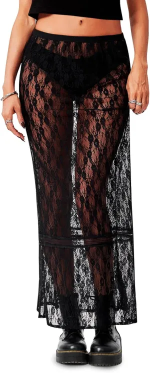 Cicy Bell Womens Sheer Lace Maxi Skirt Summer Beach Cover-ups Casual Streetwear Long Y2K Skirts