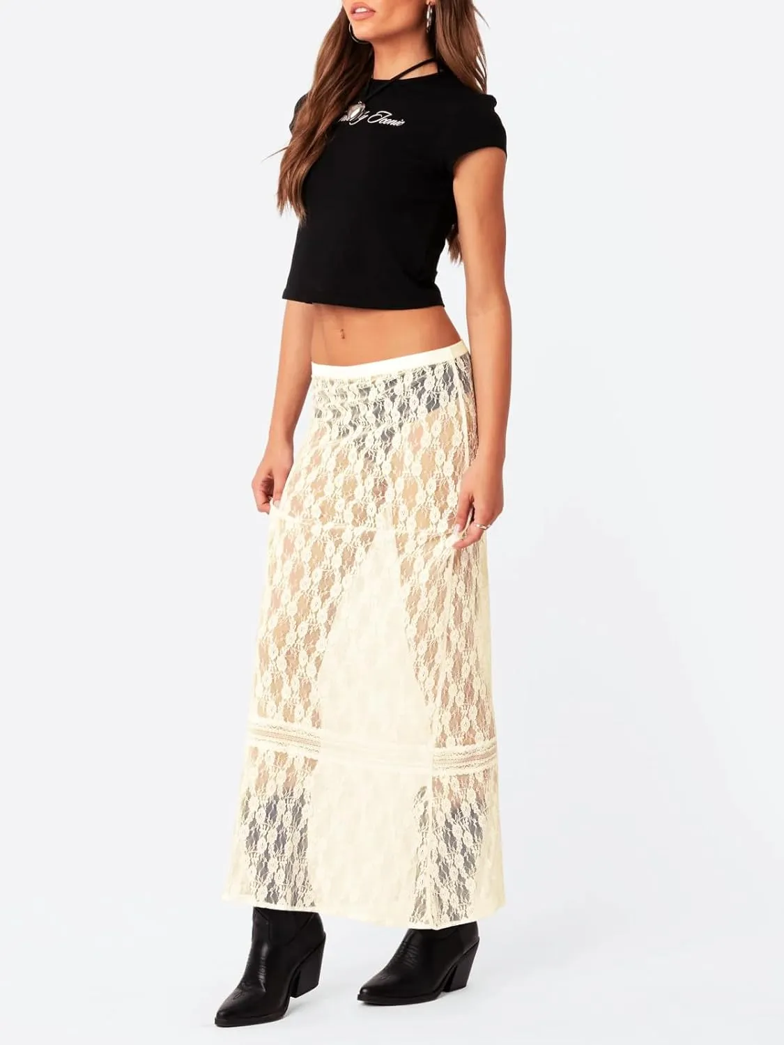 Cicy Bell Womens Sheer Lace Maxi Skirt Summer Beach Cover-ups Casual Streetwear Long Y2K Skirts