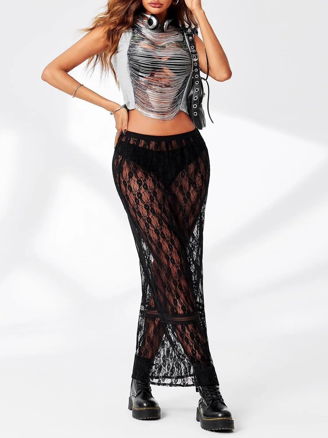 Cicy Bell Womens Sheer Lace Maxi Skirt Summer Beach Cover-ups Casual Streetwear Long Y2K Skirts