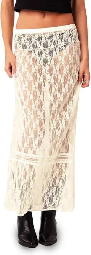 Cicy Bell Womens Sheer Lace Maxi Skirt Summer Beach Cover-ups Casual Streetwear Long Y2K Skirts