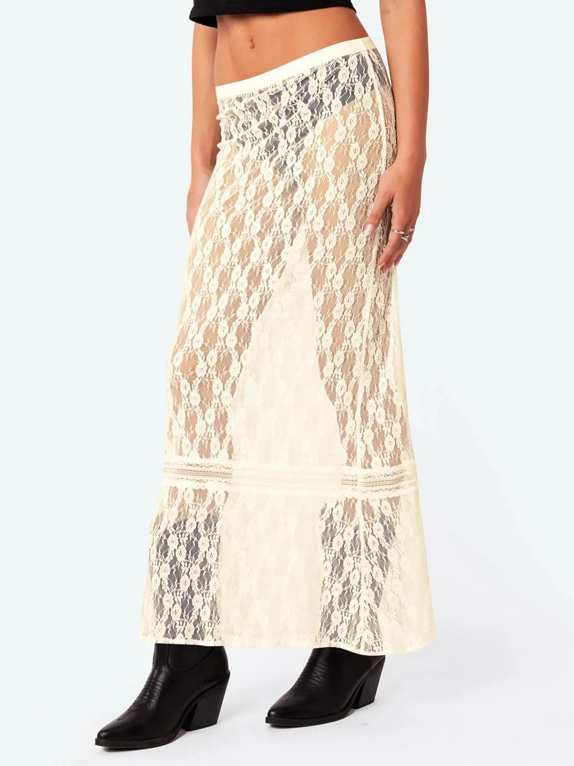 Cicy Bell Womens Sheer Lace Maxi Skirt Summer Beach Cover-ups Casual Streetwear Long Y2K Skirts