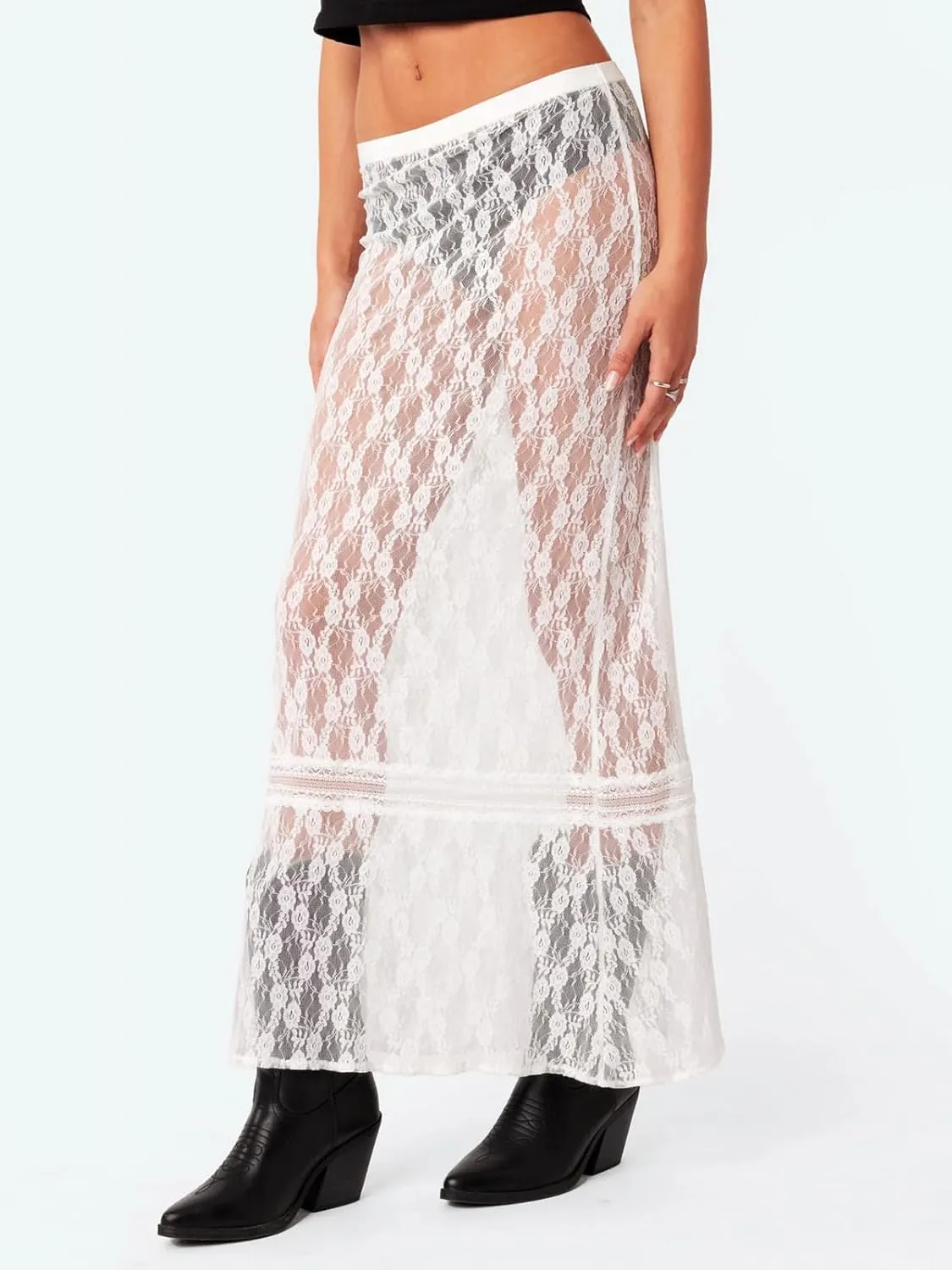 Cicy Bell Womens Sheer Lace Maxi Skirt Summer Beach Cover-ups Casual Streetwear Long Y2K Skirts