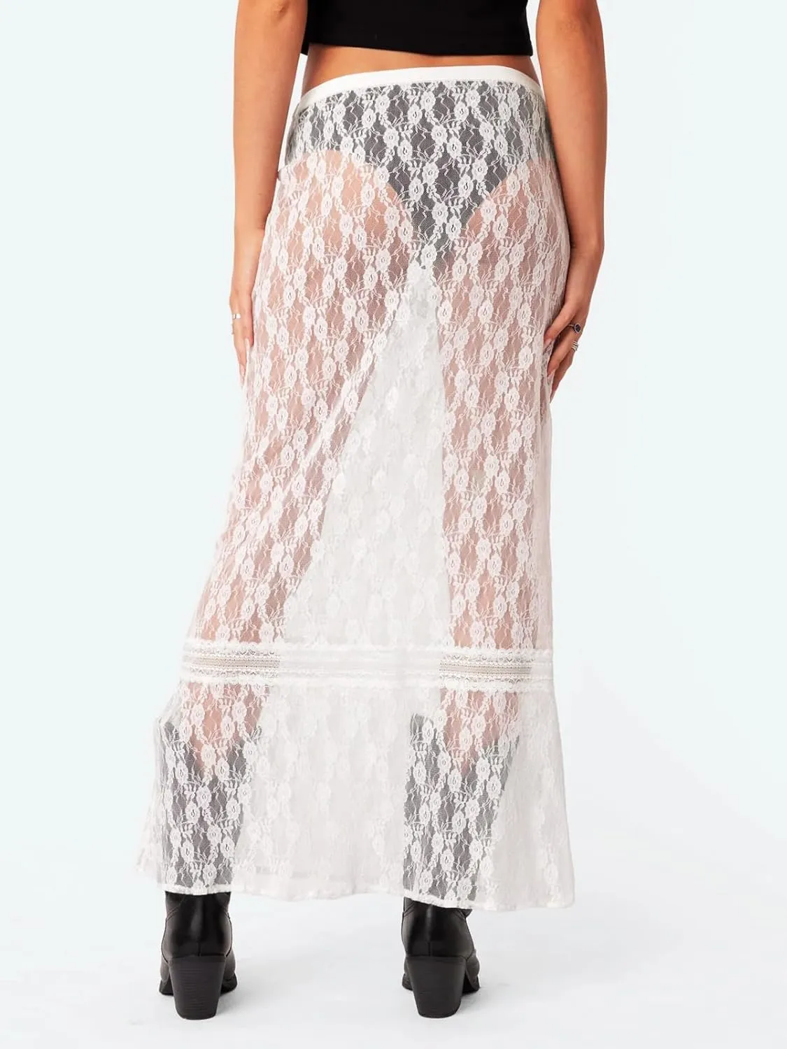 Cicy Bell Womens Sheer Lace Maxi Skirt Summer Beach Cover-ups Casual Streetwear Long Y2K Skirts