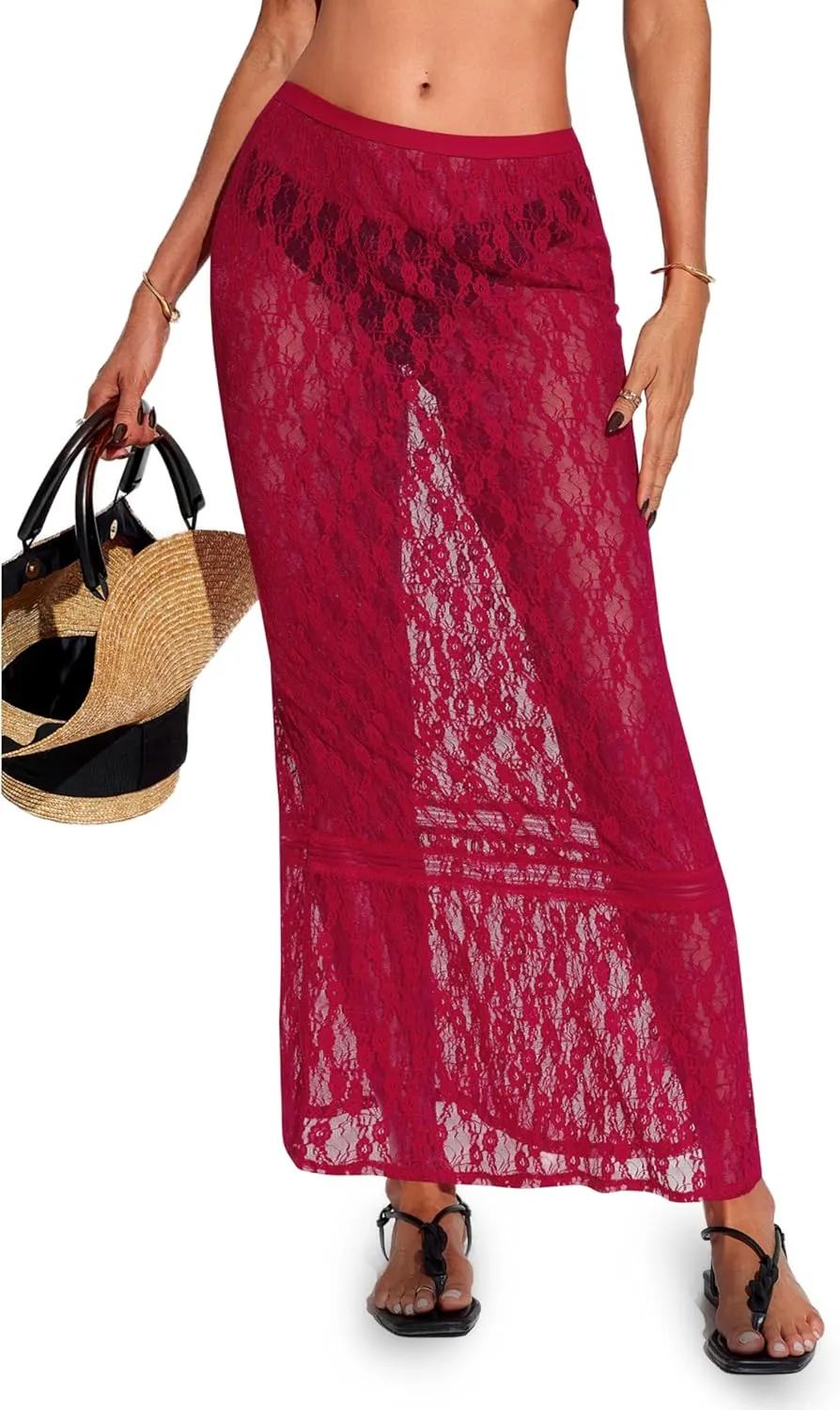 Cicy Bell Womens Sheer Lace Maxi Skirt Summer Beach Cover-ups Casual Streetwear Long Y2K Skirts
