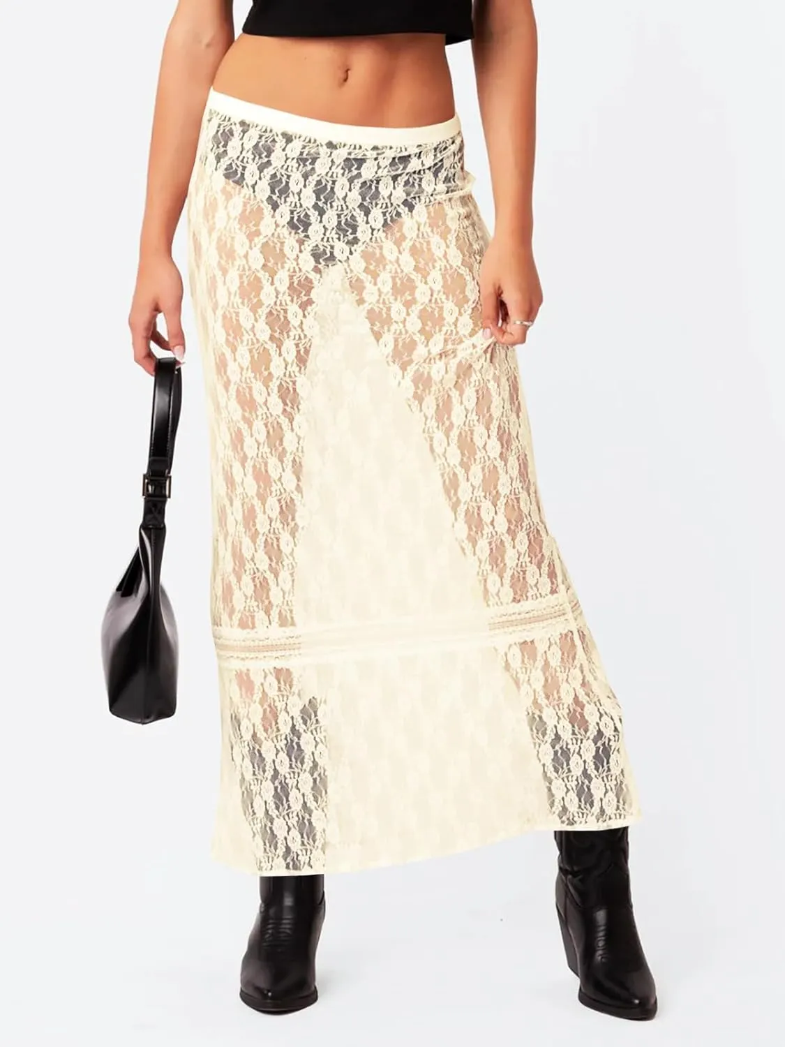 Cicy Bell Womens Sheer Lace Maxi Skirt Summer Beach Cover-ups Casual Streetwear Long Y2K Skirts