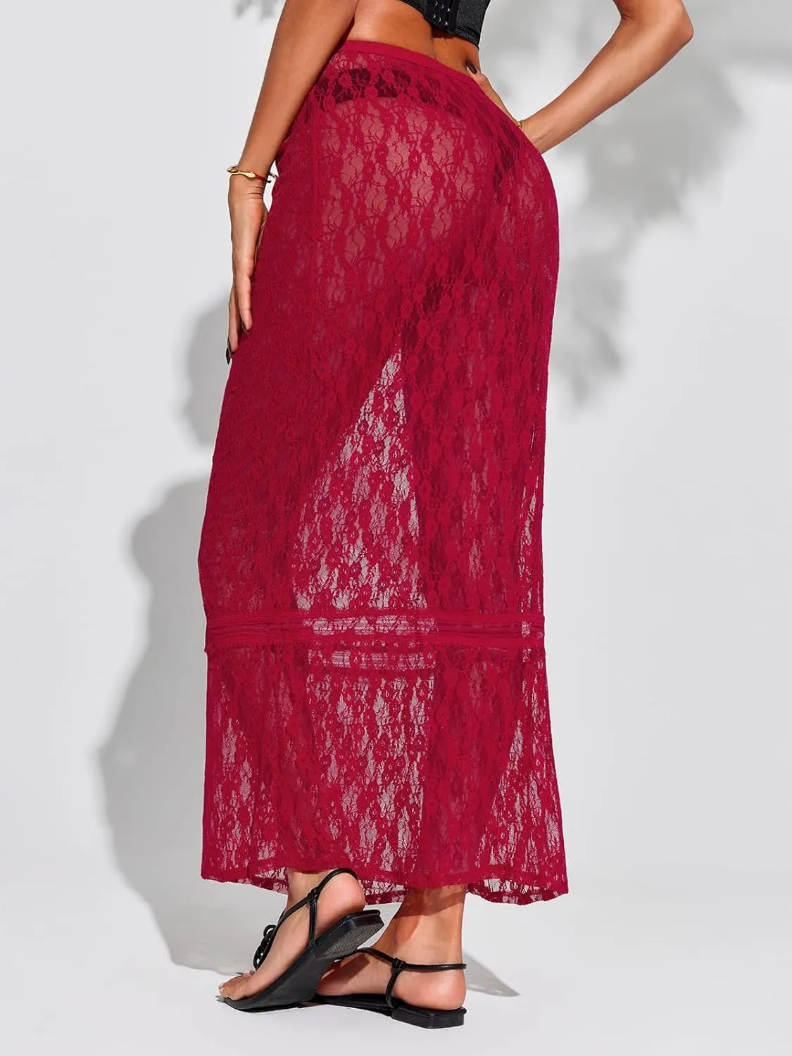 Cicy Bell Womens Sheer Lace Maxi Skirt Summer Beach Cover-ups Casual Streetwear Long Y2K Skirts
