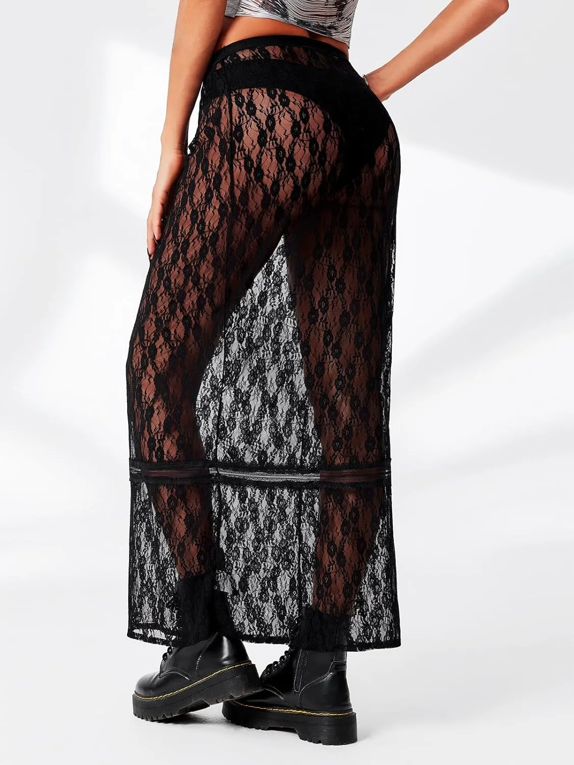 Cicy Bell Womens Sheer Lace Maxi Skirt Summer Beach Cover-ups Casual Streetwear Long Y2K Skirts