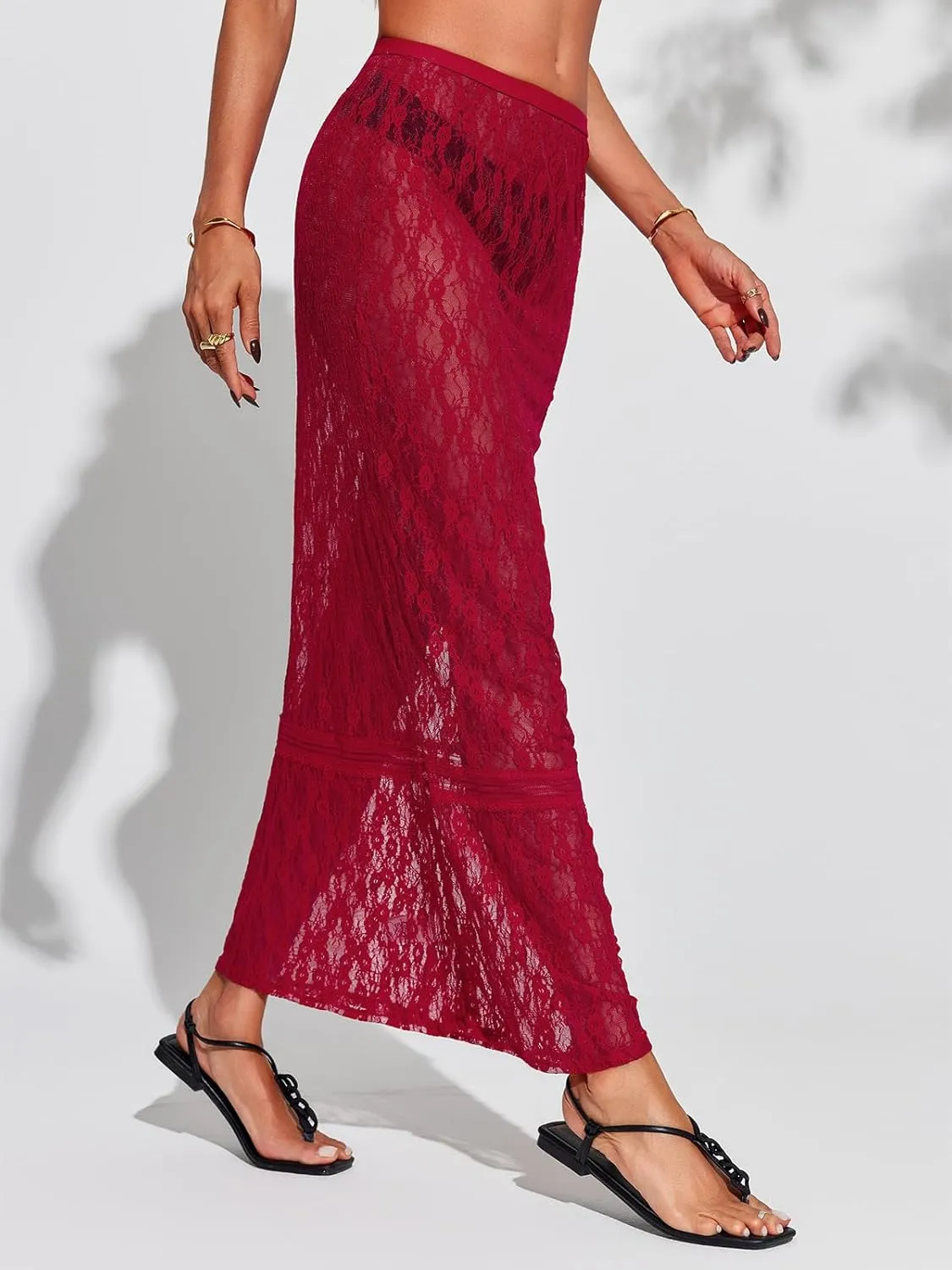 Cicy Bell Womens Sheer Lace Maxi Skirt Summer Beach Cover-ups Casual Streetwear Long Y2K Skirts