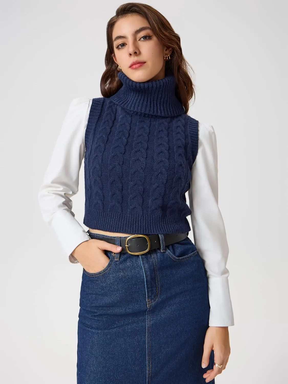 CIDER Womens Sleeveless Sweater Tops Turtle Necks Cable Knit Croped Vest Tank Top