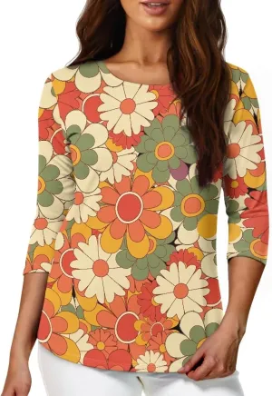 Coloranimal Three-Quarter Sleeve Shirts for Womens Tops Summer 3/4 Sleeve Y2K T Shirts Tee S-2XL