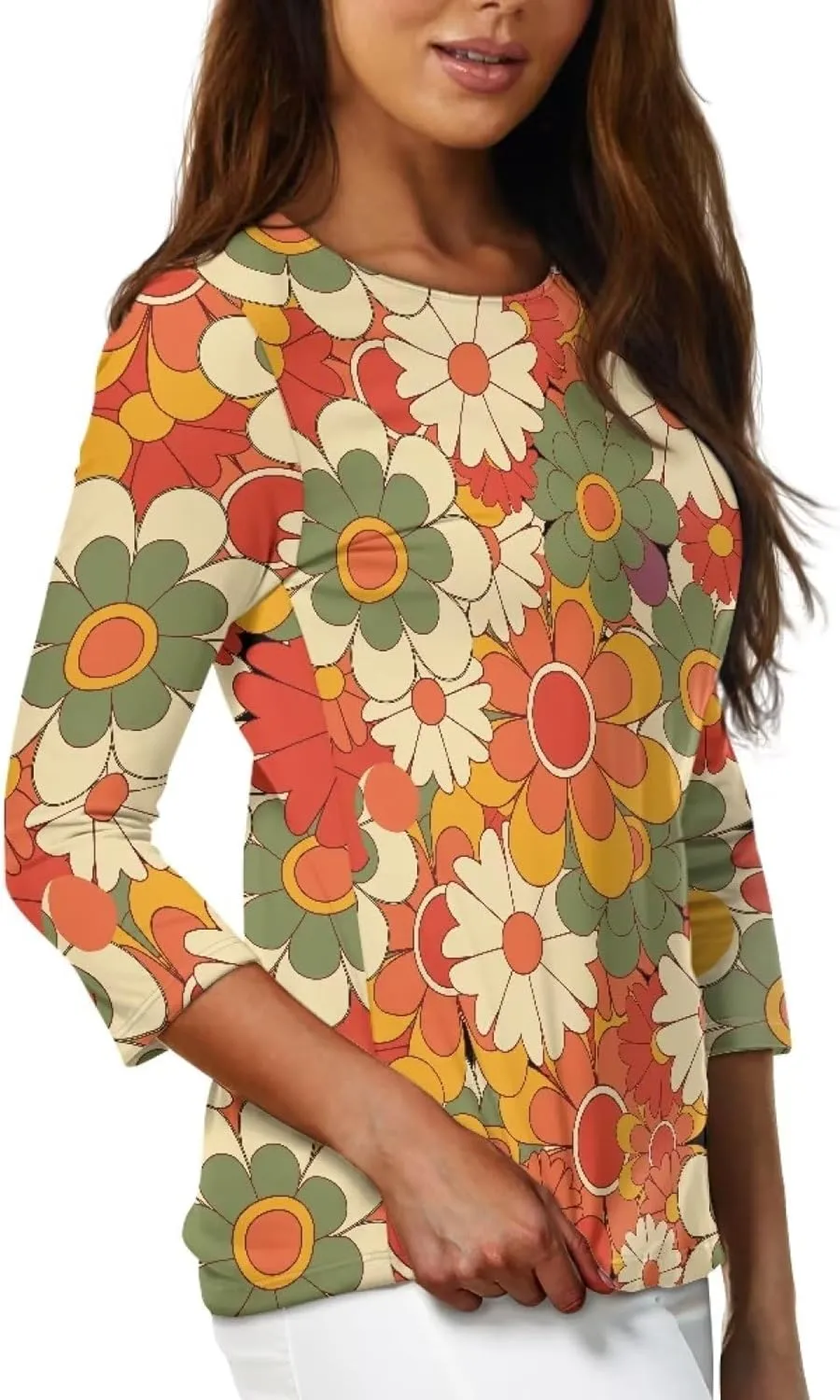 Coloranimal Three-Quarter Sleeve Shirts for Womens Tops Summer 3/4 Sleeve Y2K T Shirts Tee S-2XL