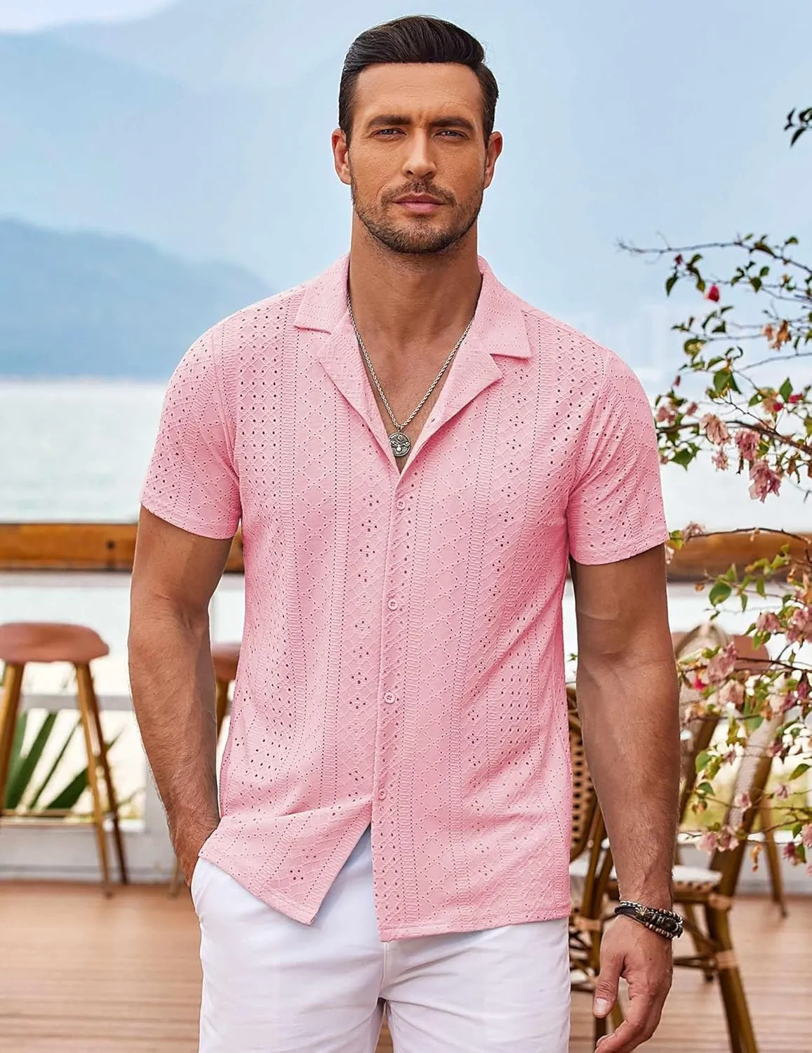 COOFANDY Mens Beach Shirt Short Sleeve Button Down Shirts Casual Cuban Collared Summer Vacation Tropical Shirts