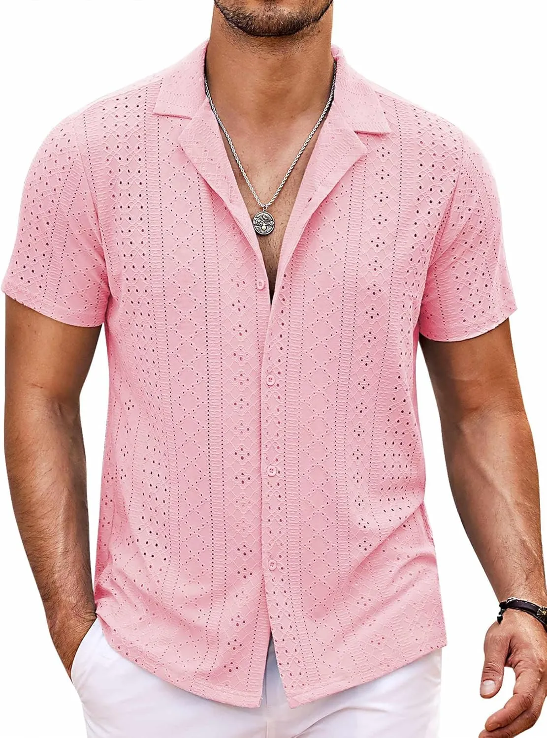 COOFANDY Mens Beach Shirt Short Sleeve Button Down Shirts Casual Cuban Collared Summer Vacation Tropical Shirts