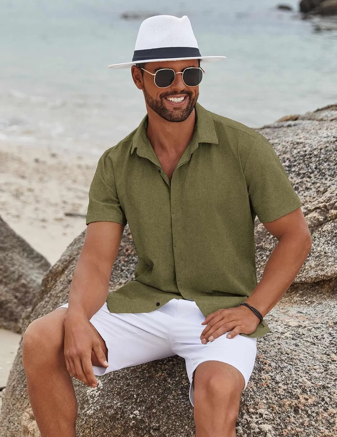 COOFANDY Mens Button Down Shirts Short Sleeve Casual Summer Beach Shirts for Men Vacation Wedding Linen Shirt