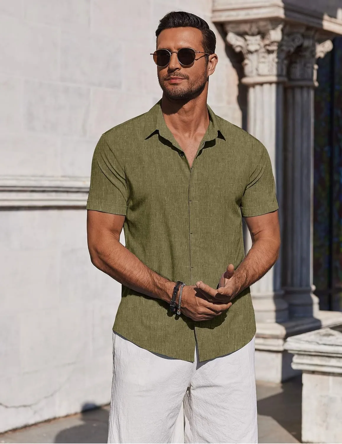COOFANDY Mens Button Down Shirts Short Sleeve Casual Summer Beach Shirts for Men Vacation Wedding Linen Shirt