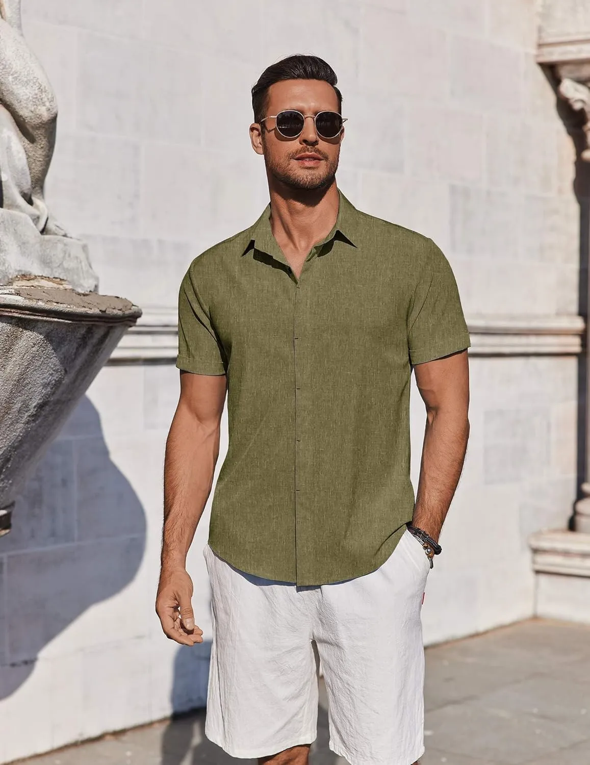 COOFANDY Mens Button Down Shirts Short Sleeve Casual Summer Beach Shirts for Men Vacation Wedding Linen Shirt