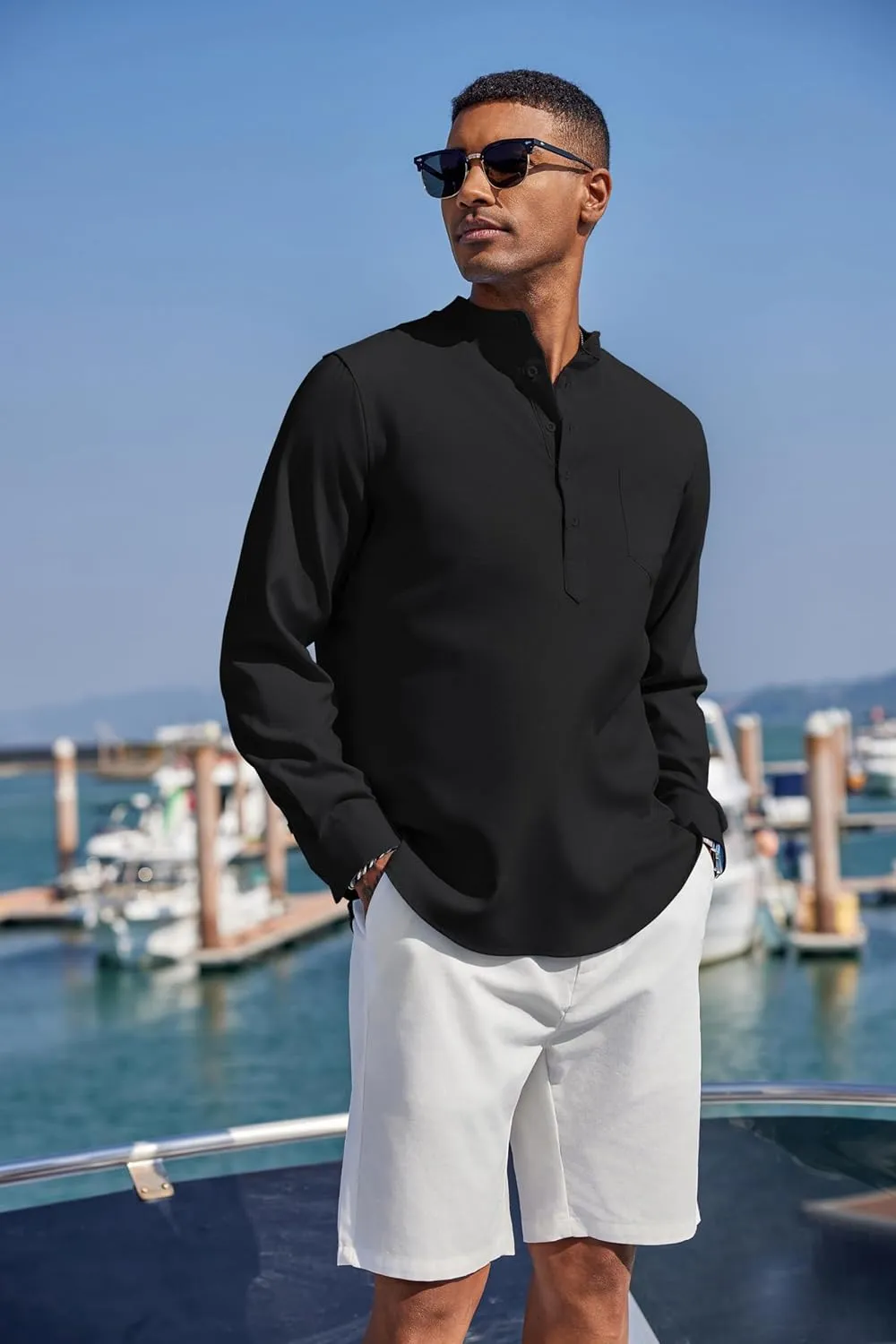 COOFANDY Men's Casual Henley Shirts Long Sleeve Band Collar Summer Linen Beach Hippie T Shirts with Pocket