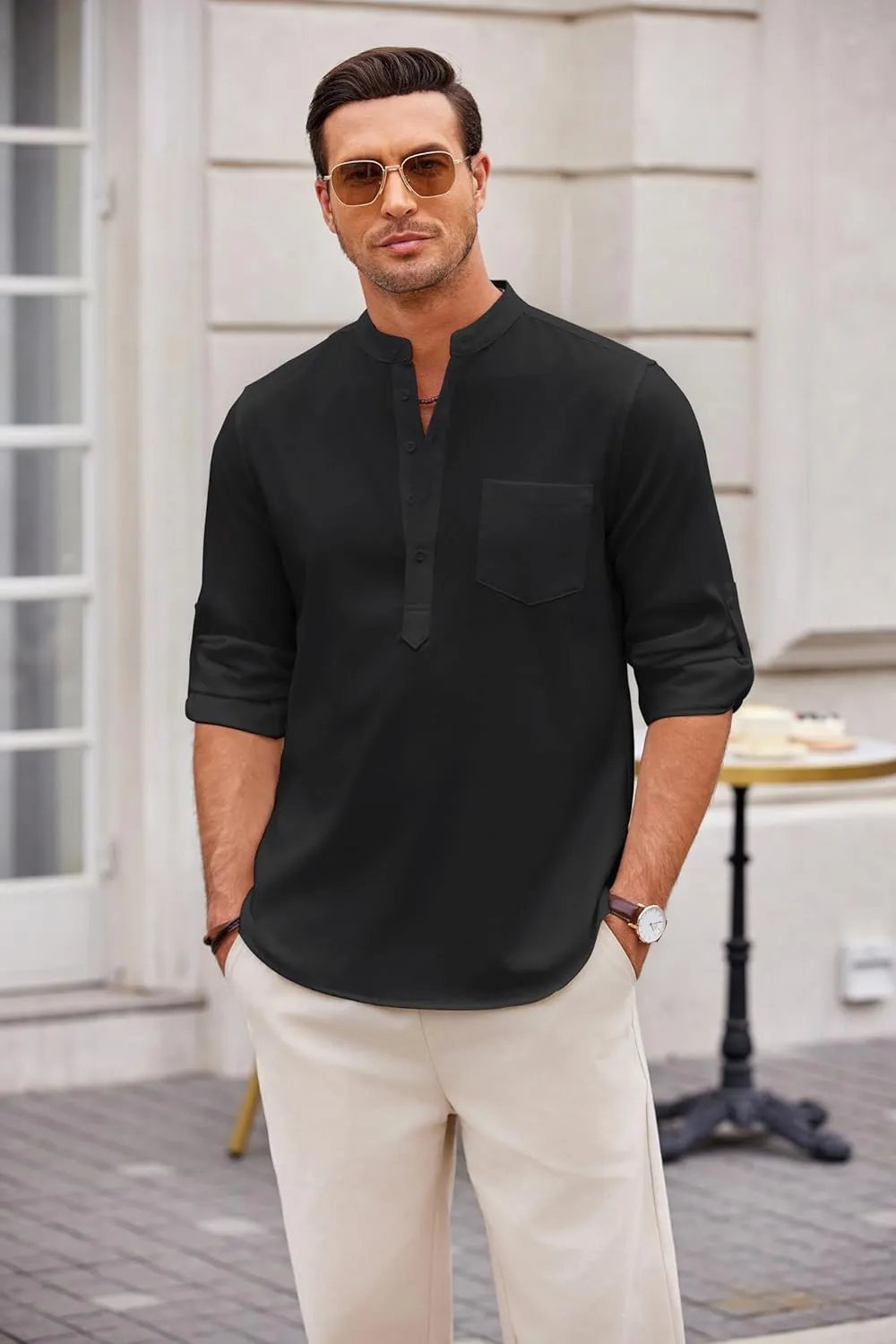 COOFANDY Men's Casual Henley Shirts Long Sleeve Band Collar Summer Linen Beach Hippie T Shirts with Pocket