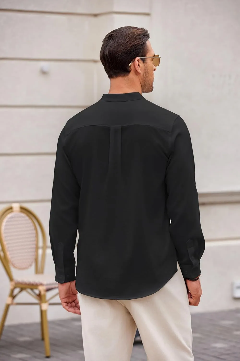 COOFANDY Men's Casual Henley Shirts Long Sleeve Band Collar Summer Linen Beach Hippie T Shirts with Pocket