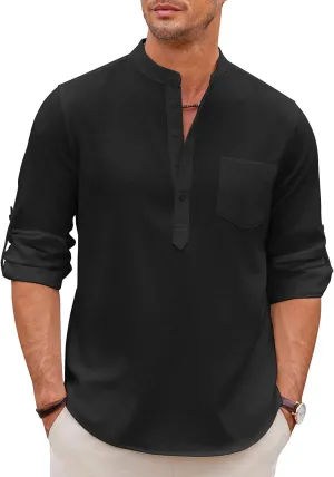COOFANDY Men's Casual Henley Shirts Long Sleeve Band Collar Summer Linen Beach Hippie T Shirts with Pocket