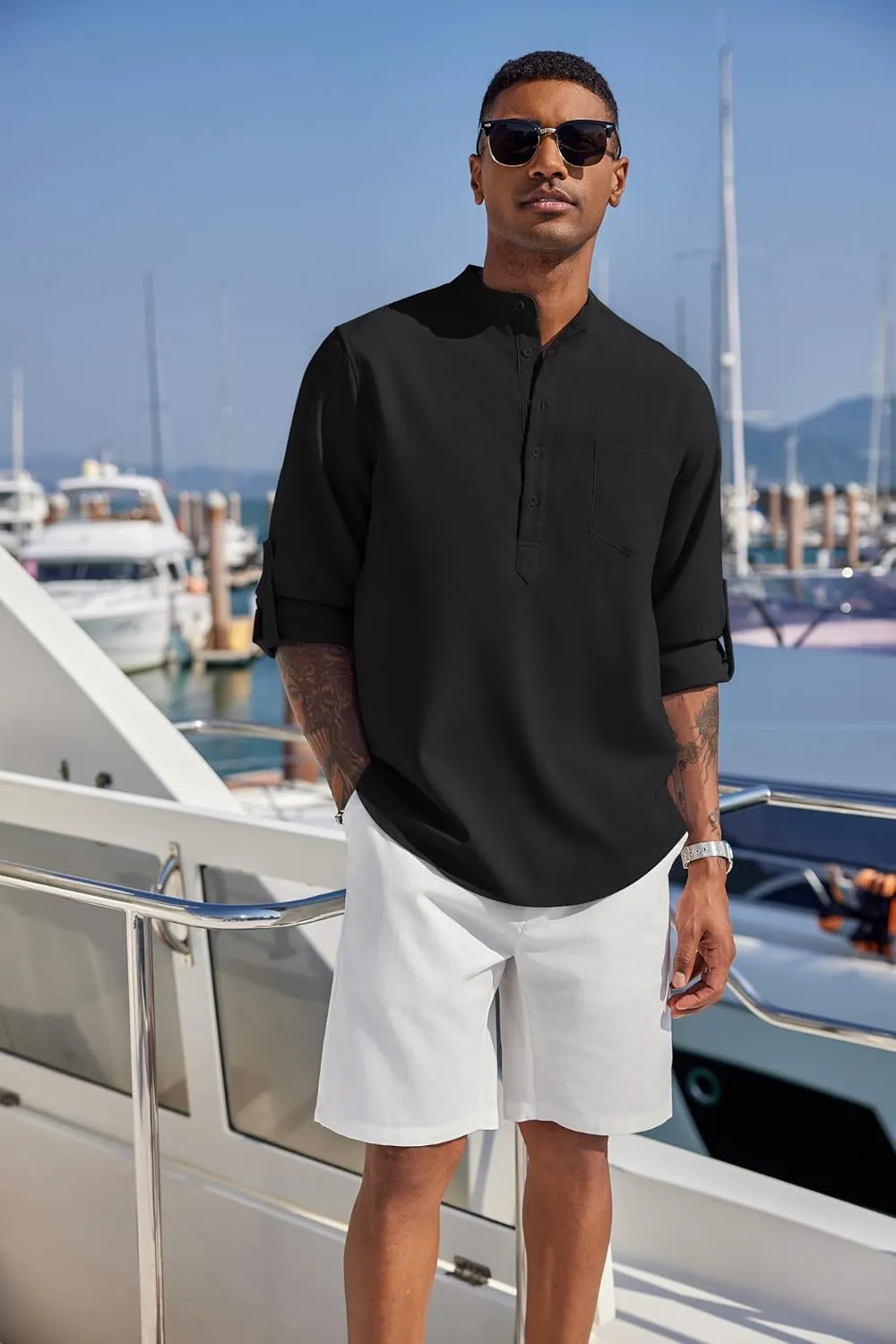 COOFANDY Men's Casual Henley Shirts Long Sleeve Band Collar Summer Linen Beach Hippie T Shirts with Pocket