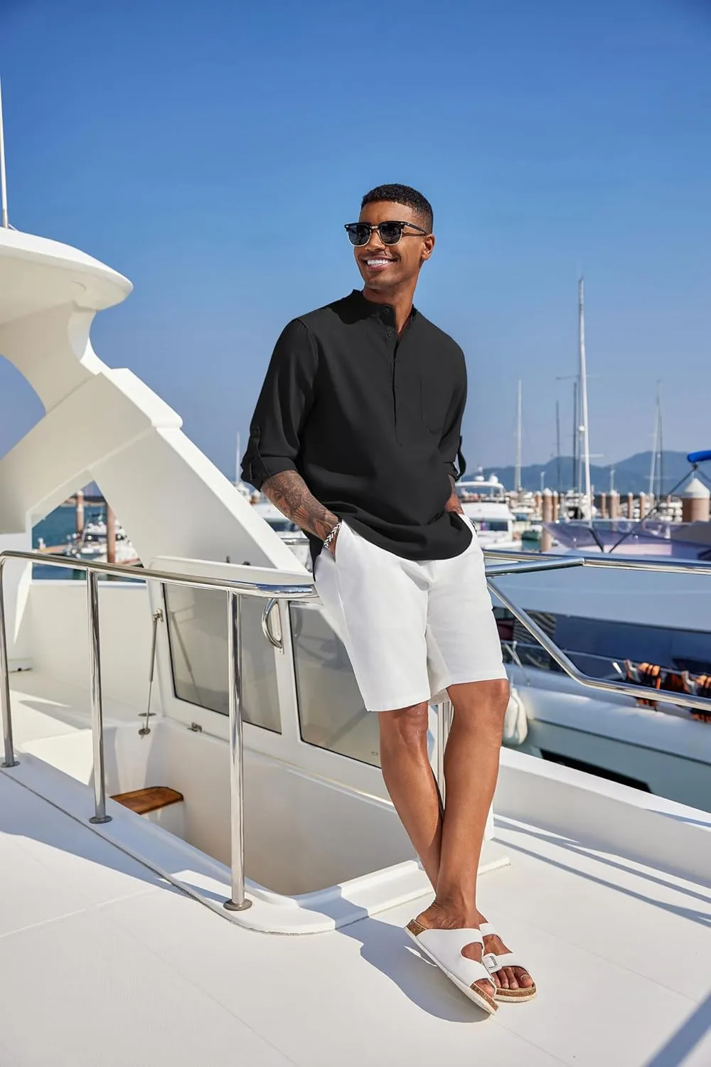 COOFANDY Men's Casual Henley Shirts Long Sleeve Band Collar Summer Linen Beach Hippie T Shirts with Pocket