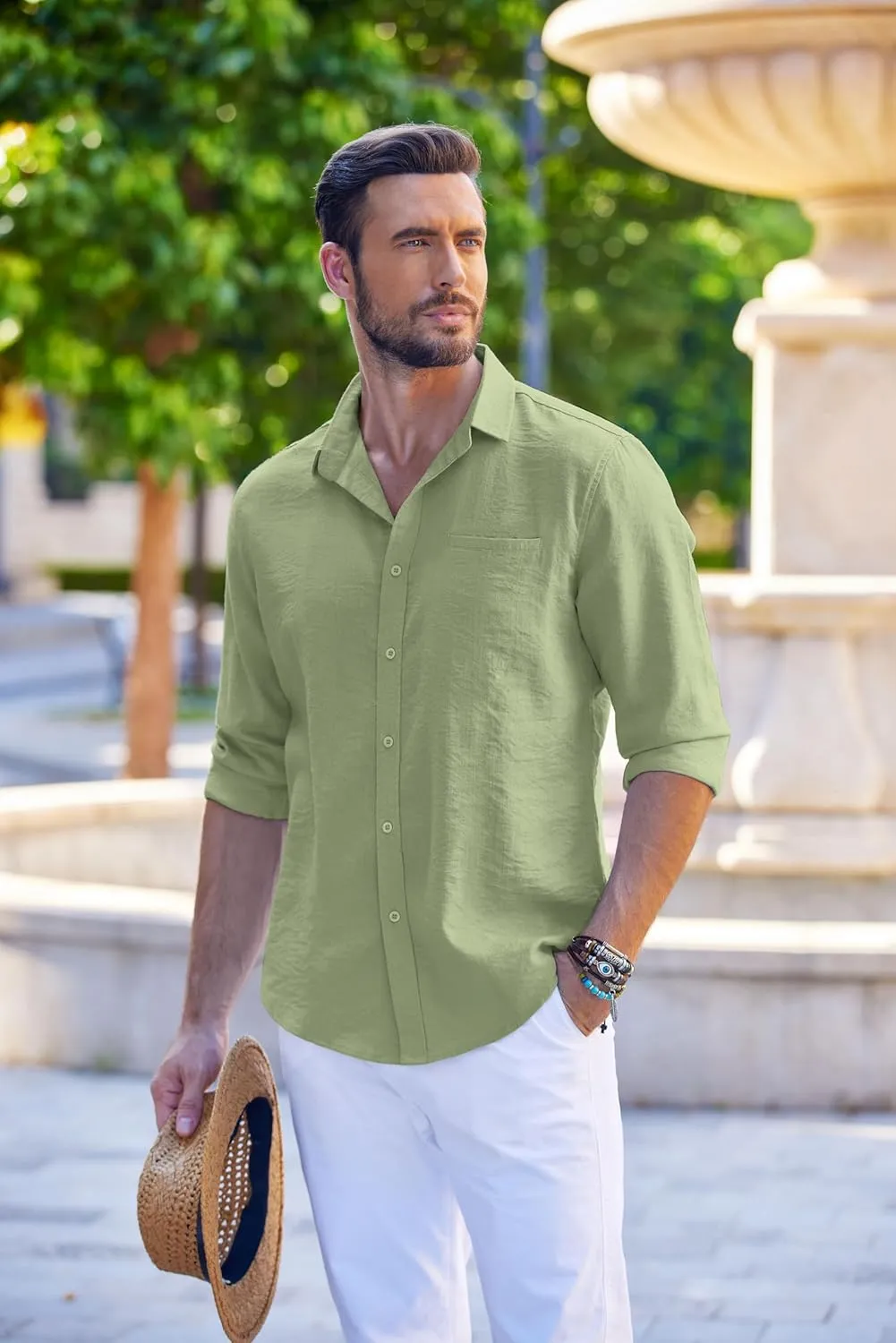 COOFANDY Men's Casual Long Sleeve Button Down Shirts Linen Dress Shirt Beach Summer Shirts with Pocket