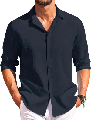 COOFANDY Men's Casual Long Sleeve Button Down Shirts Linen Dress Shirt Beach Summer Shirts with Pocket