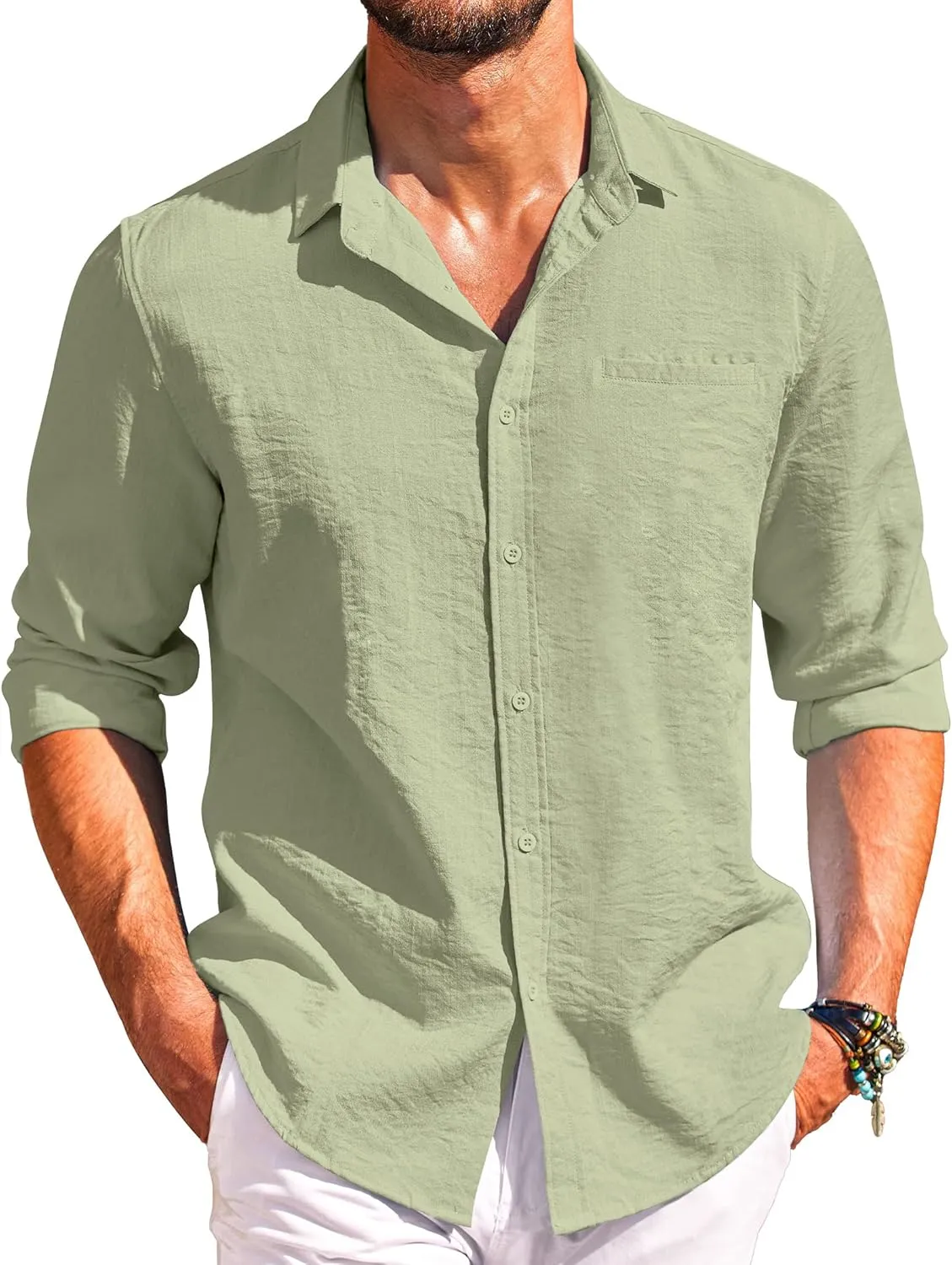 COOFANDY Men's Casual Long Sleeve Button Down Shirts Linen Dress Shirt Beach Summer Shirts with Pocket