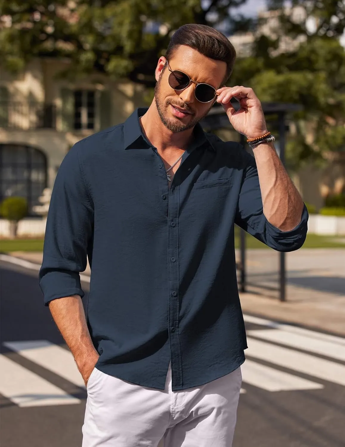 COOFANDY Men's Casual Long Sleeve Button Down Shirts Linen Dress Shirt Beach Summer Shirts with Pocket