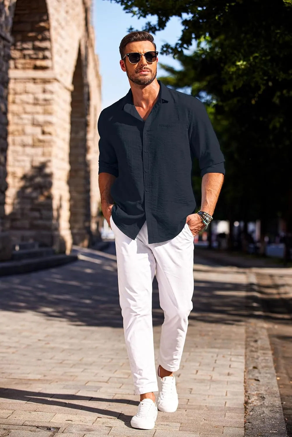COOFANDY Men's Casual Long Sleeve Button Down Shirts Linen Dress Shirt Beach Summer Shirts with Pocket
