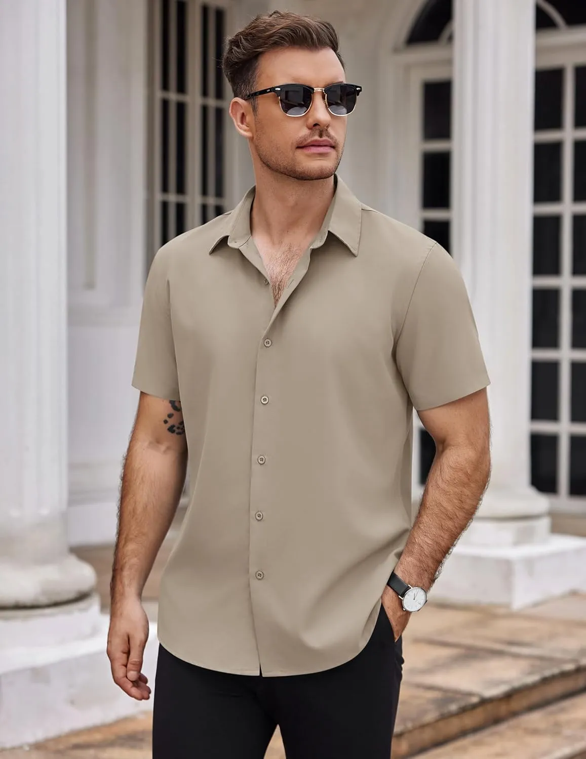 COOFANDY Men's Dress Shirts Stain Shield Short Sleeve Button Down Shirts Summer Wrinkle Free Business Casual Shirt