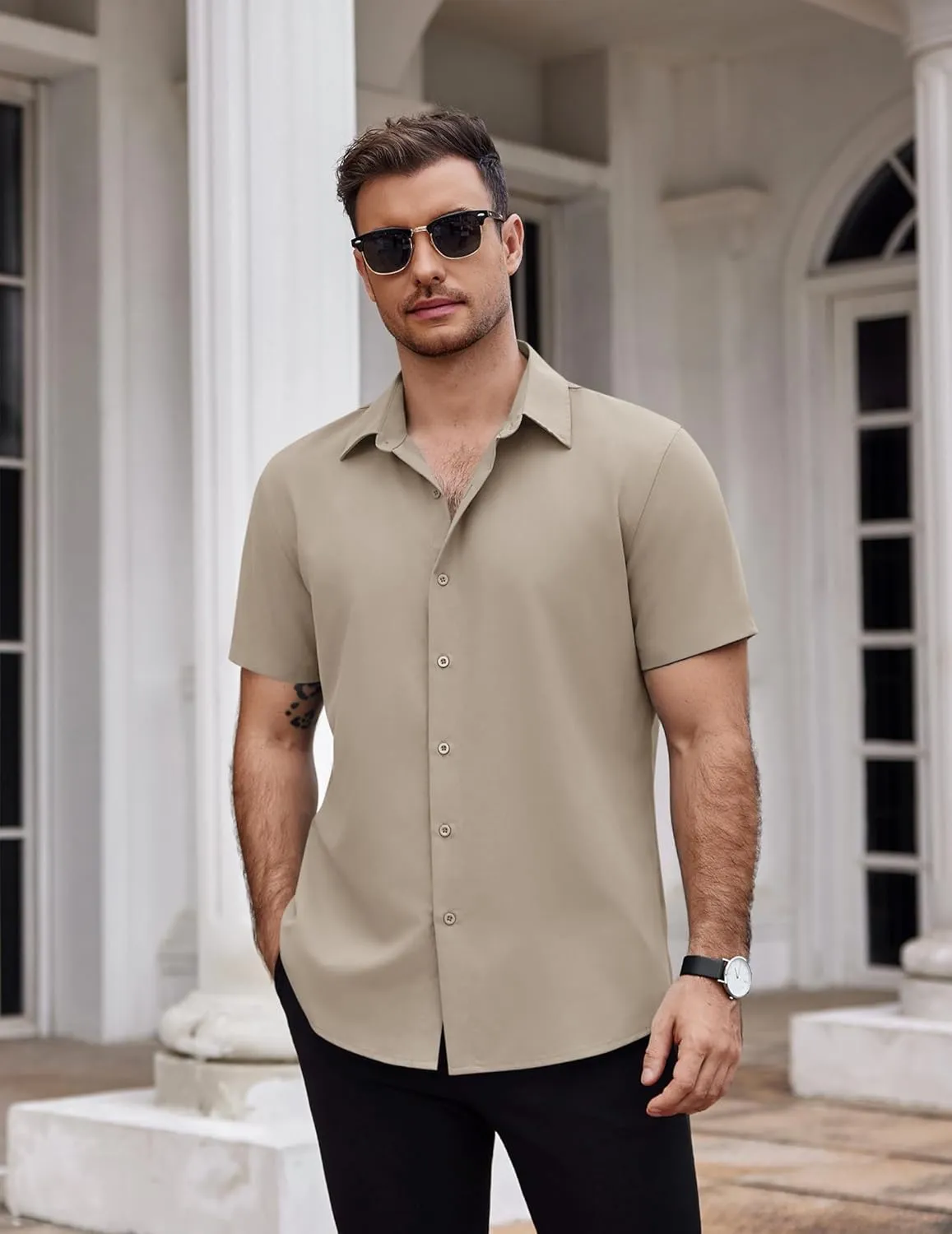 COOFANDY Men's Dress Shirts Stain Shield Short Sleeve Button Down Shirts Summer Wrinkle Free Business Casual Shirt