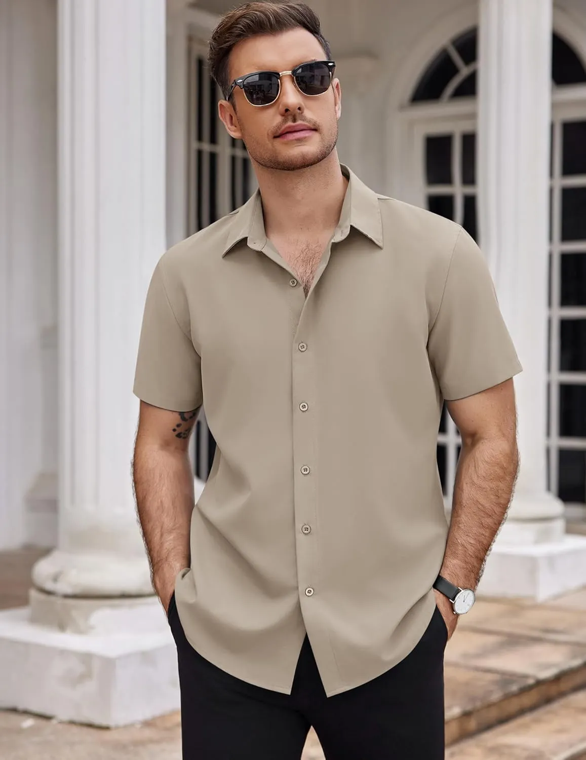 COOFANDY Men's Dress Shirts Stain Shield Short Sleeve Button Down Shirts Summer Wrinkle Free Business Casual Shirt
