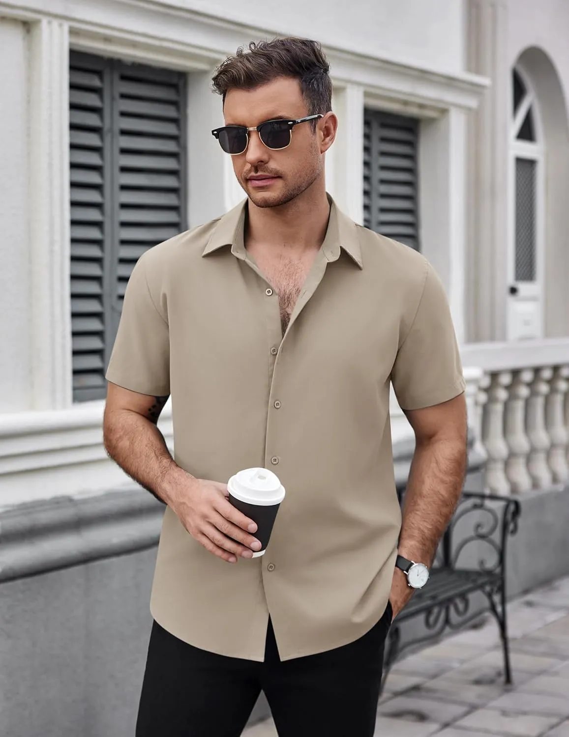 COOFANDY Men's Dress Shirts Stain Shield Short Sleeve Button Down Shirts Summer Wrinkle Free Business Casual Shirt